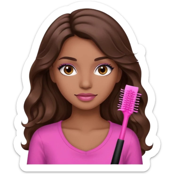 gorgeous woman, light brown skin, dark brown eyes, long wavy brown hair, pink top, wearing clear lipgloss and mascara  sticker