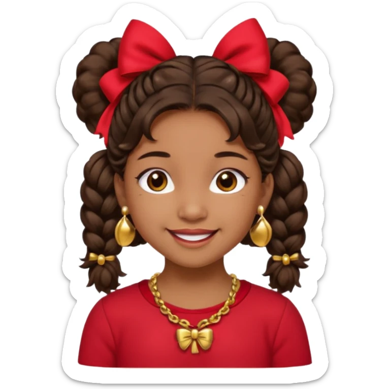 Brownskin girl dark brown hair fluffy. pigtails with red bows brown eyes smiling closed mouth red shirt gold esrrings gold necklace sticker