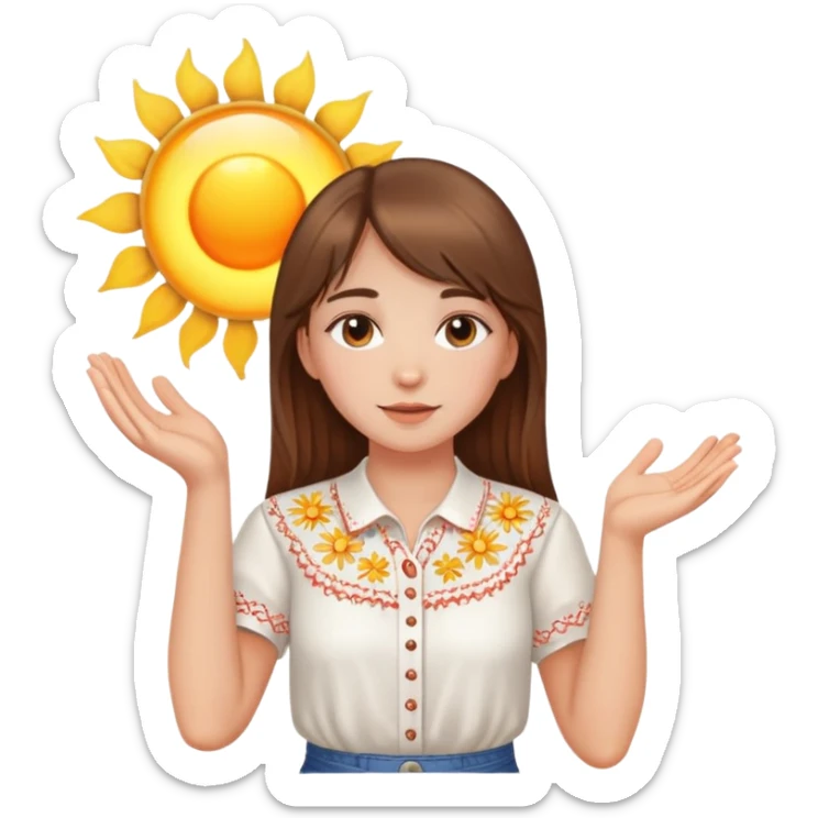 A young Ukrainian girl with brown hair wearing a white embroidered shirt holds the sun in her hands sticker