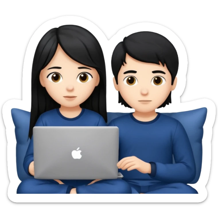 black haired boy and long haired girl in navy blue pajamas , watching movie on laptop sticker