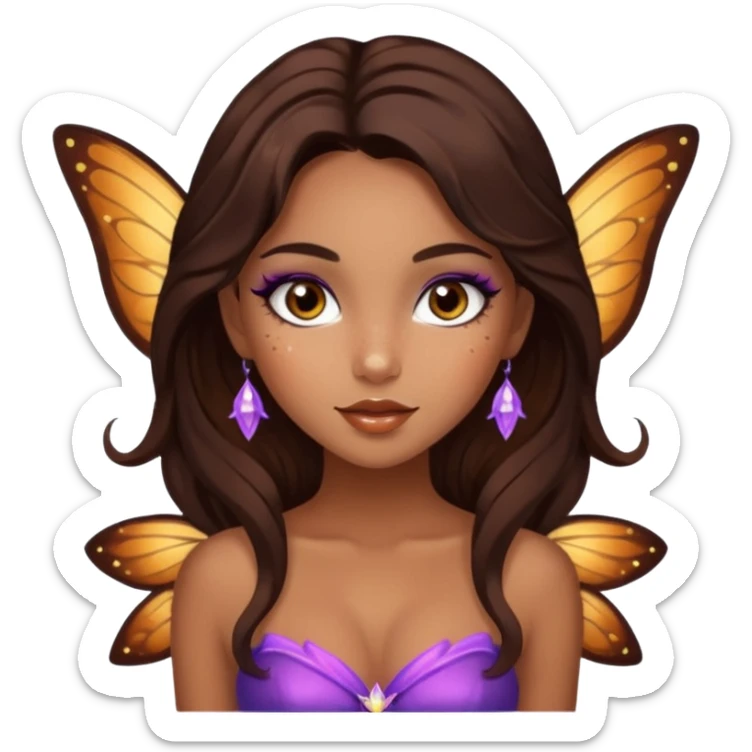 Pretty girl with caramel skin. Dark brown hair and brown eyes. She has freckles. Wearing sexy makeup. Wearing a fairy costume. wearing heels sticker