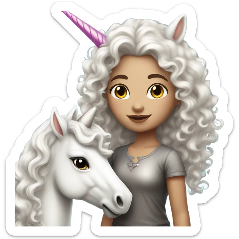 Beautiful white skin girl with curly hair standing next to unicorn sticker