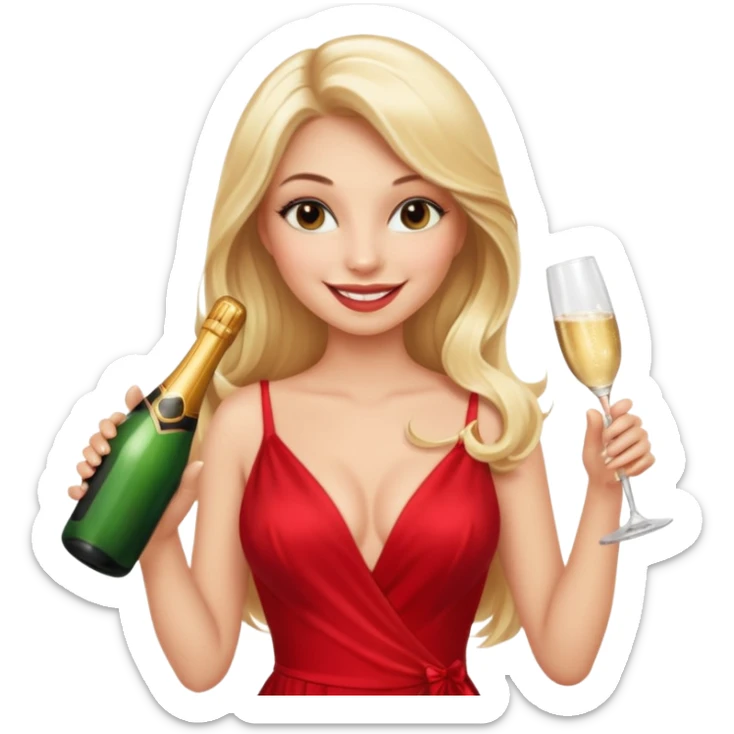 Glamorous blonde lady holding champagne bottle, long hair with makeup smiling sexy sticker