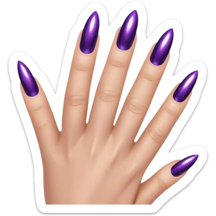 Close-up beauty shot of a feminine hand with long almond-shaped nails painted in deep metallic purple chrome polish, fine shimmer particles catching the light, glossy gel finish sticker