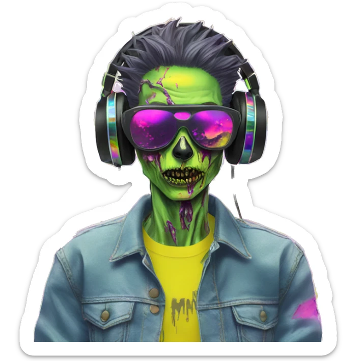 .Zombie_ Vaporwave black holographic dj oilslick zombie unicorn yellow caution tape sticker
