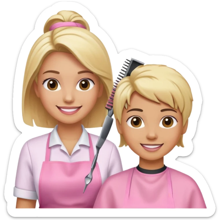 smiling woman in pink apron getting a haircut from a smiling female hairstylist sticker
