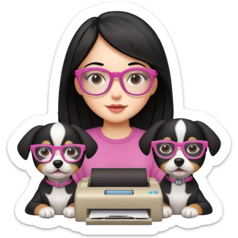 Una chica con pelo negro y lentes rosados con una impresora y dos perras una cajeta y la otra negra sticker