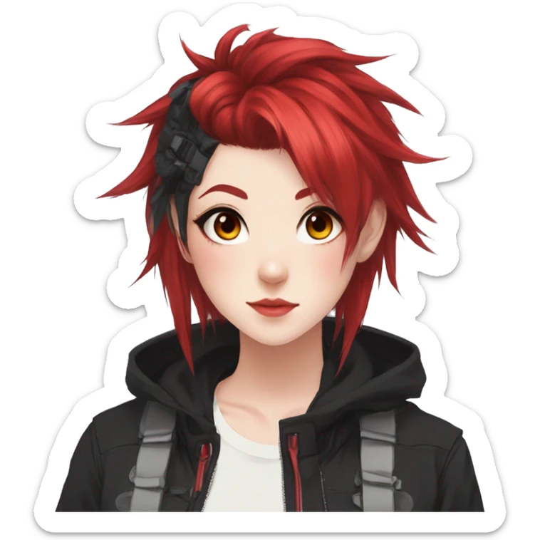 Gorgeous anime style tomboy-lady with blushing face aesthetic and pretty edgy black red punk hair with hair garment trending style sticker