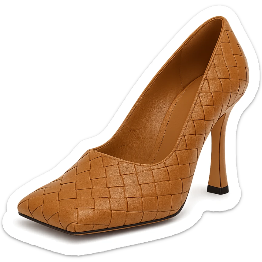 Bottega Veneta style high-heeled shoe, luxury, signature intrecciato weave, minimalist, fashion icon sticker