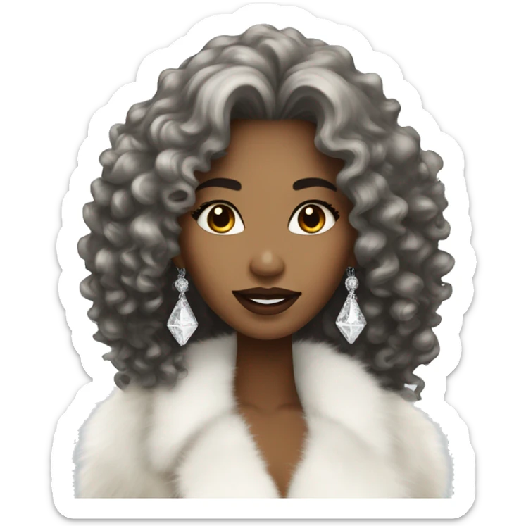 elegant light brown woman with diamonds long black curly hair  and white fur coat sticker