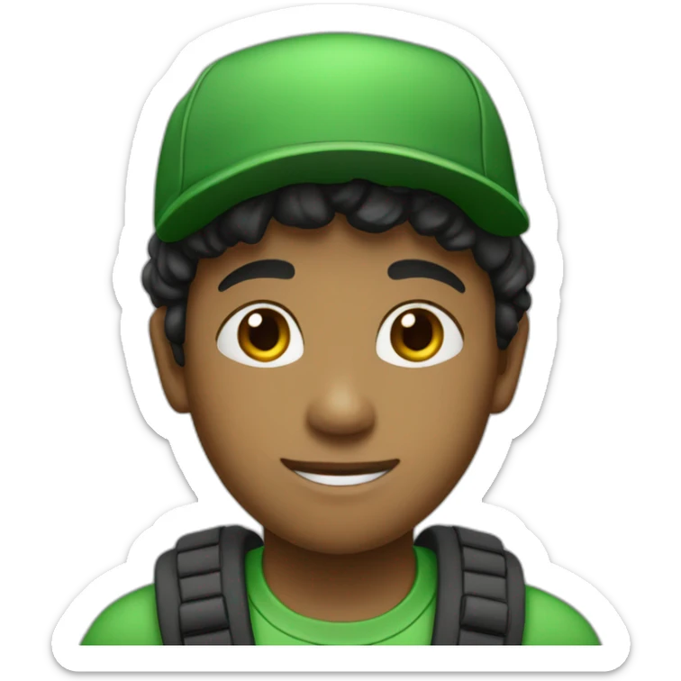 A boy wearing a green dress with written in it His hair is black and he's wearing a green cap White skin sticker