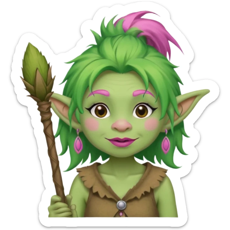 A green troll with green hair and brown and tan raggedy clothes on holding a brown stick with pink lipstick, long eyelashes and pink nails sticker