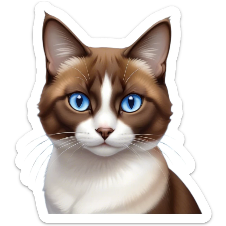 Cinematic Noble Brown Mantle Snowshoe Cat Portrait Emoji, Poised and regal, with sleek brown fur draping elegantly over its back like a mantle, contrasted by a crisp white chest, paws, and facial markings, piercing icy-blue eyes, Simplified yet sharp and sophisticated features, highly detailed, glowing with a soft, dignified glow, high shine, intelligent and graceful, stylized with an air of elegance, focused and attentive, soft glowing outline, capturing the essence of a watchful and refined feline, so majestic it feels as though it could glide across the screen with effortless confidence! sticker