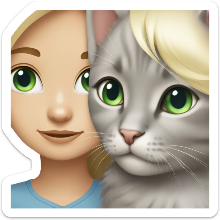 blue eyes grey kitten and green eyes blonde girl are friends sticker