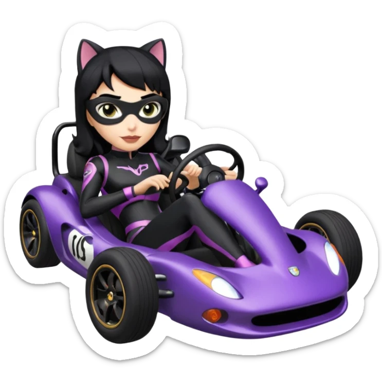 full size real-appearance road glowing racing sexy buxom CatWoman’s feminine midnight-colored tight outfit sixty’s tv show dark stealthy accurate sporty safe plush deluxe off-road pursuit drifting car jaguar (black hair,reclined and relaxed torso and shoulders back against seat) rallycross kart  sticker