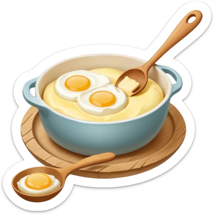 A carton of eggs, butter and a cream ceramic baking bowl with a wooden spoon in it sticker