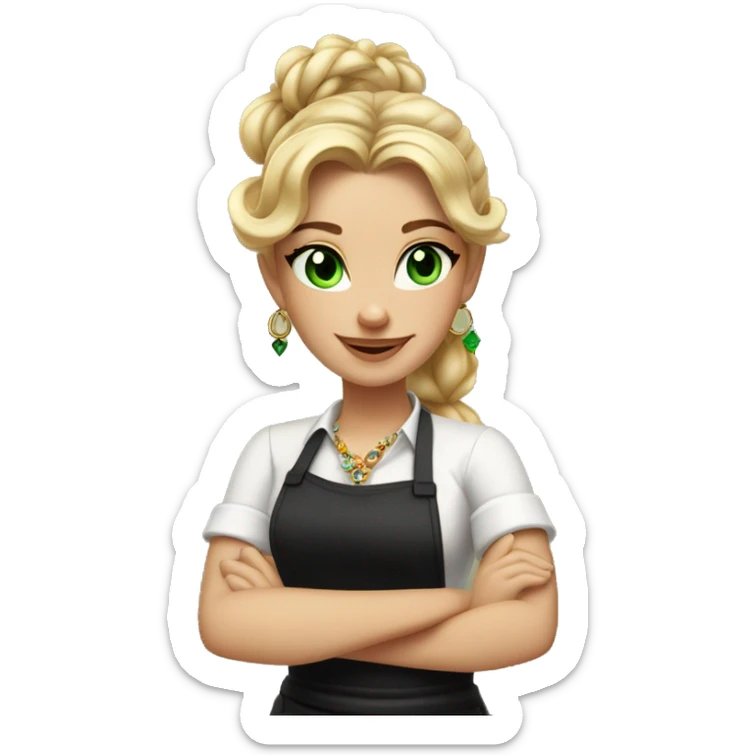 Waitress with white shirt and black apron, curly blonde hair in a pony tail, green eyes, lots of boho jewelry and bracelets  sticker