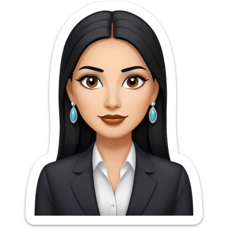 beautiful fit tall woman boss, with long straight black hair, with make up, black eye liner, little smile, mexican, brown skin, wearing beautiful profesional outfit and white earings sticker