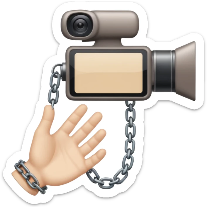Minimalist emoji-style sticker of a human hand bound by a chain leading to a video camera. Icon-like, clean silhouette, muted tones. sticker