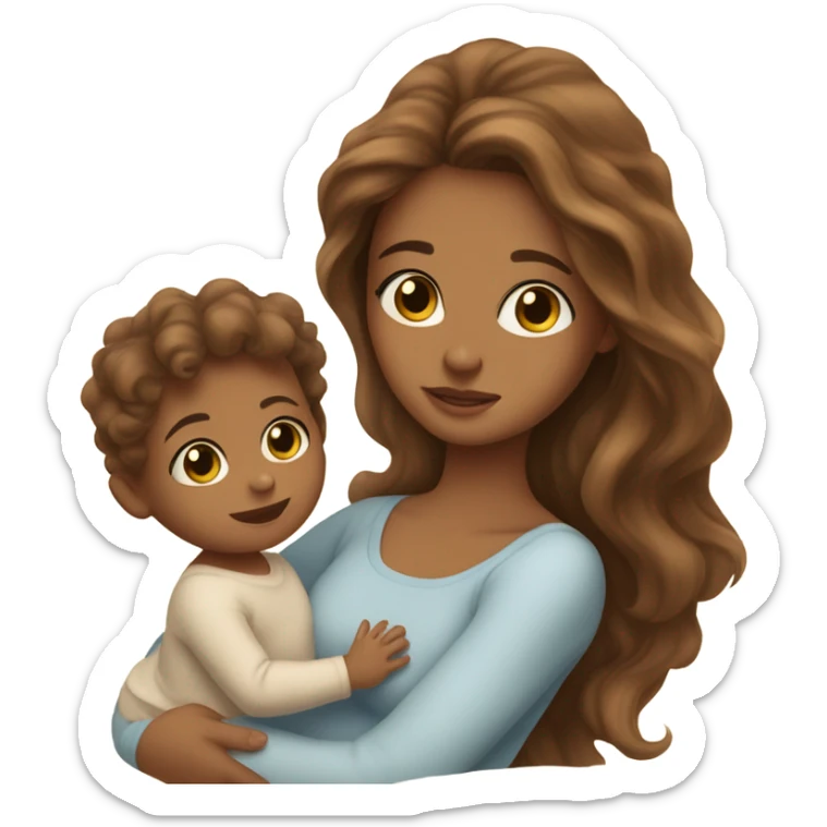light Tan girl with long brown wavy hair and hazel eyes holding newborn baby boy in arms  sticker