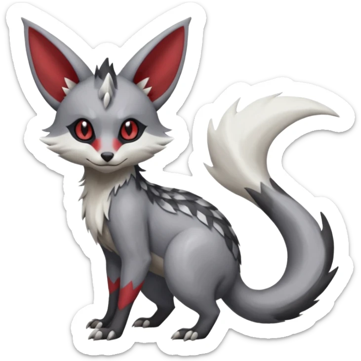 Minccino-Lykoi-Zangoose-fusion-hybrid-animal-Fakémon-creature, full body, thin long sleek scaly tail, intricate markings sticker