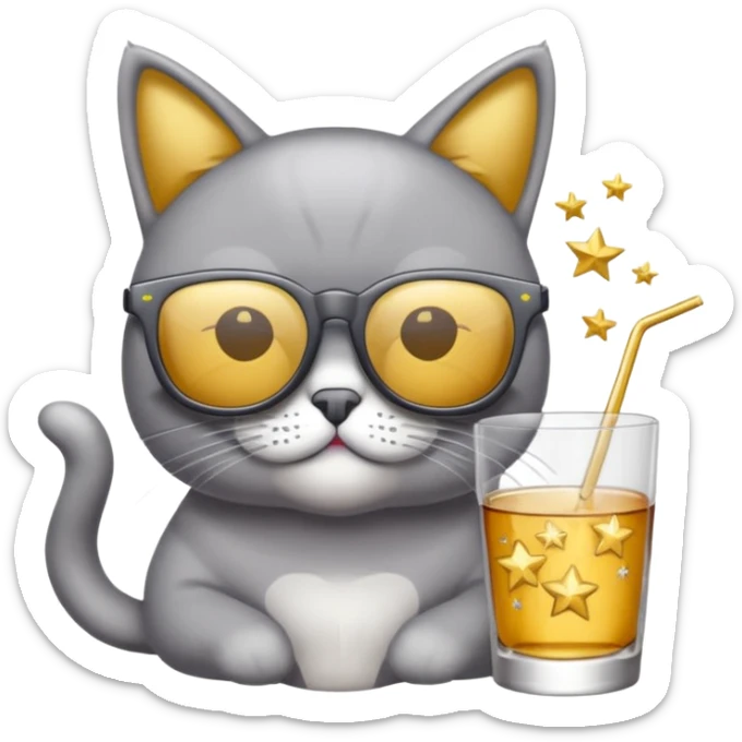 Fait un chat gris avec des lunettes de stars et avec un verre d alcool qui fait la fête sticker
