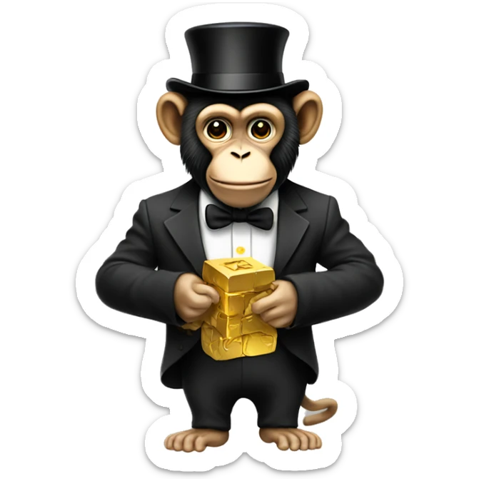 a monkey holding a block of gold in one hand with a banana in the other with a top hat on sticker