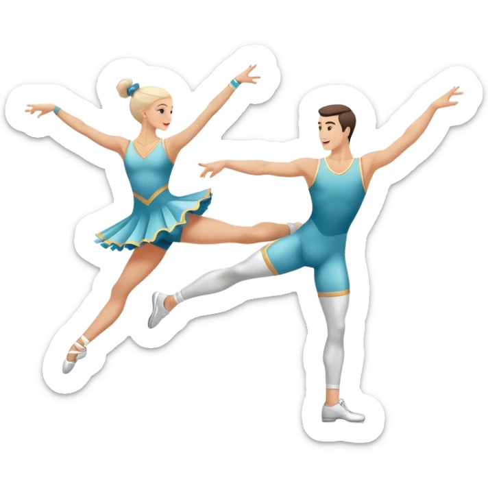 Icon for Sports Dance: a white men and women in competitive attire performing a synchronized dance with acrobatic moves, dance shoes, a rhythmic floor, and a competition backdrop. The icon should capture athleticism, technique, and acrobatic precision. Transparent background. sticker