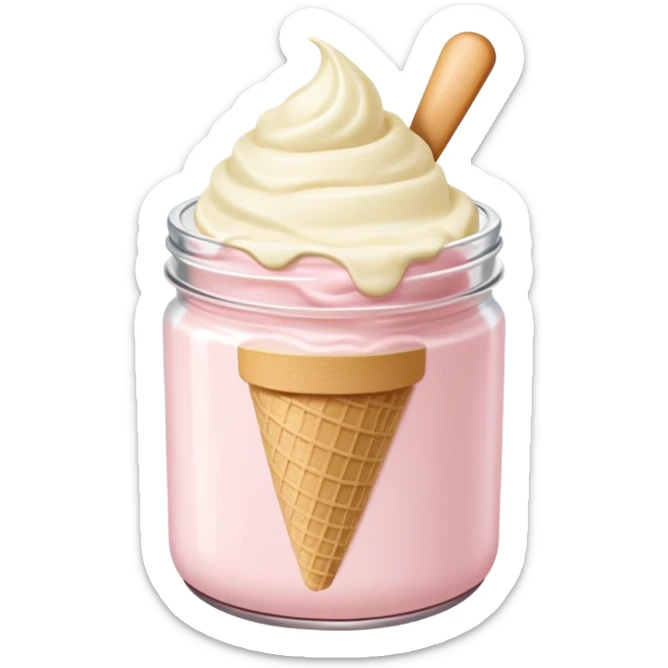ultra realistic round single scoop of vanilla bean ice cream in light pink short jar sticker