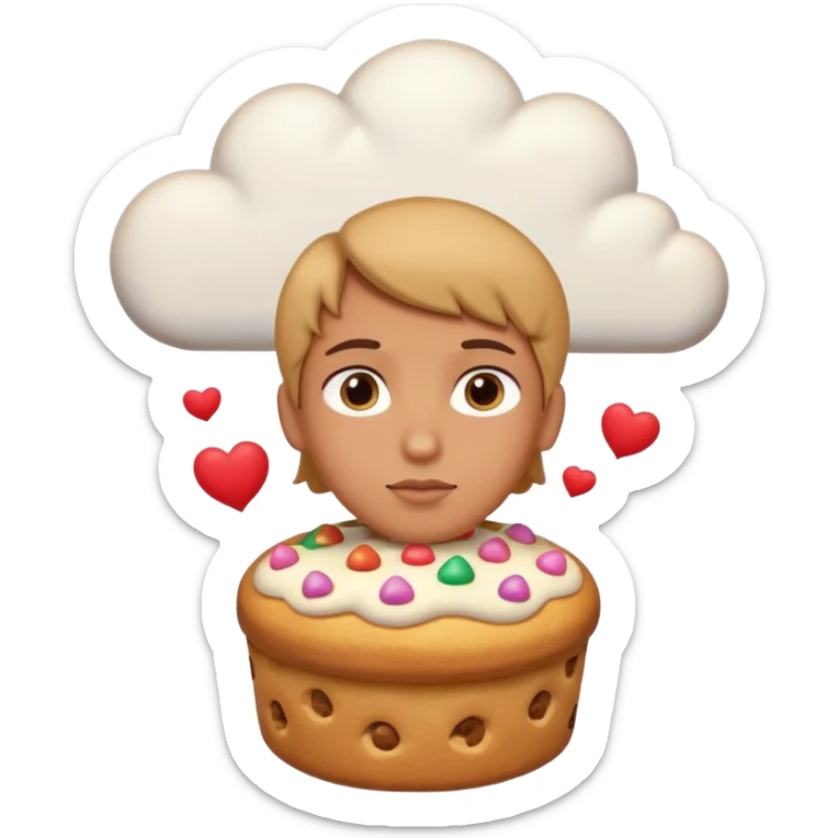 Apple-style emoji illustration of a person with dreamy eyes, and avobe them a thinking cloud with a traditionmal panettone inside, small hearts floating around, soft 3D emoji style, smooth gradients, rounded shapes, warm festive colors, simple expression. sticker