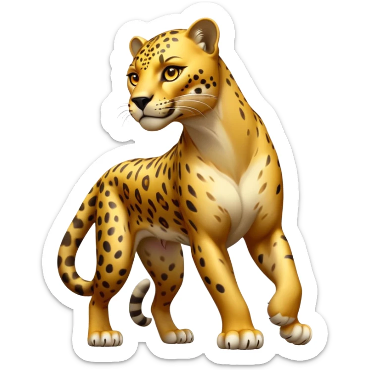 cinematic-jaguar-realistic-full-body-standing-emoji,-muscular-and-stealthy-frame-ready-to-pounce,-long-tail-curving-slightly,-head-tilted-dramatically,-sleek-golden-fur-with-dark-rosettes,-piercing-yellow-eyes,-simplified-yet-realistic sticker