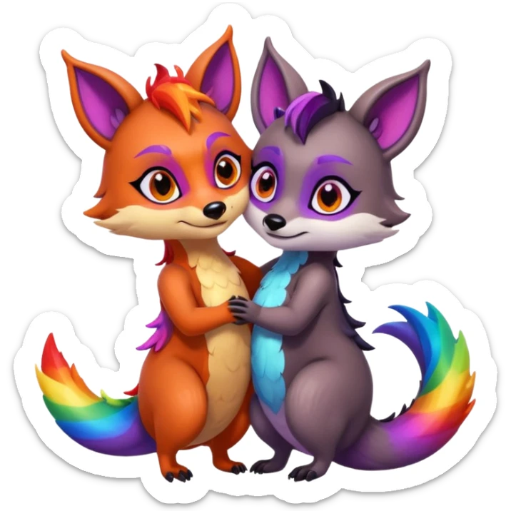 black female raccoon dragon hybrid with rainbow colored wings and purple eyes giving a big hug to a red female fox dragon hybrid with rainbow colored wings and orange eyes sticker