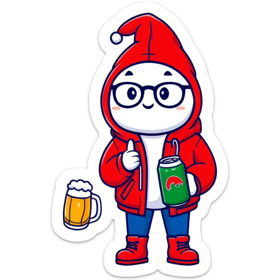 Catfish wearing a red hooded winter jacket, round glasses, blue jeans, red boots, holding a beer can with red label sticker