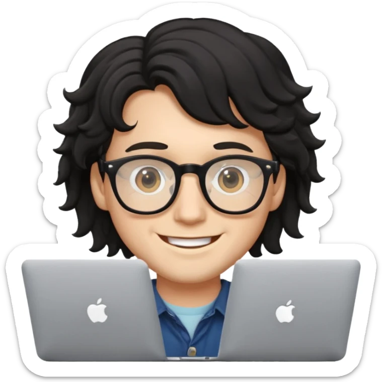 guy with wavy black hair and skin tone a little bit white and glasses, with a macbook sticker