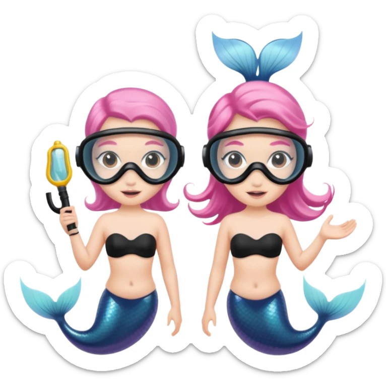 2 Mermaids one wearing a light pink snorkel mask and the other wearing black snorkel mask sticker