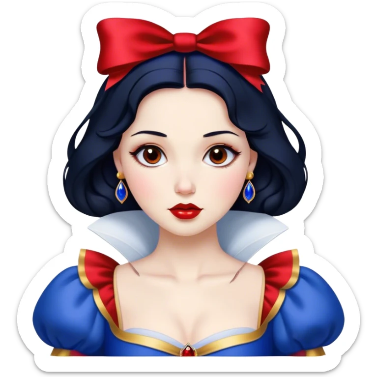 Cinematic Stunning Snow White Portrait Emoji, Fair skin glowing like porcelain, ruby-red lips, deep brown eyes full of kindness, raven hair framed by her iconic red bow, wearing her royal blue and gold gown, exuding timeless beauty and grace! sticker