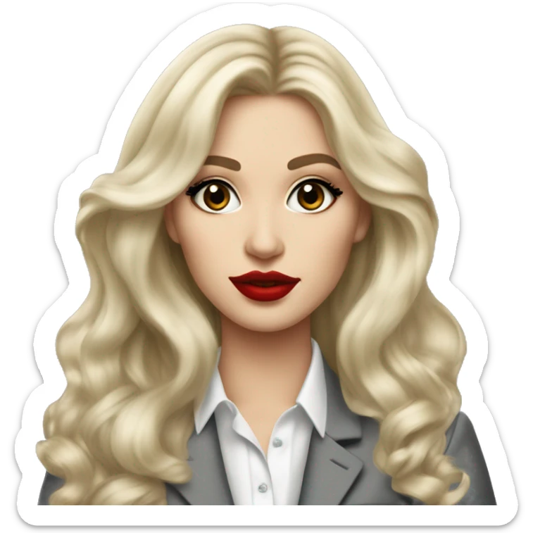 Russian Blonde long hair with big red lips small nose and black eyes Tiffany diamond seller in a grey suit sticker
