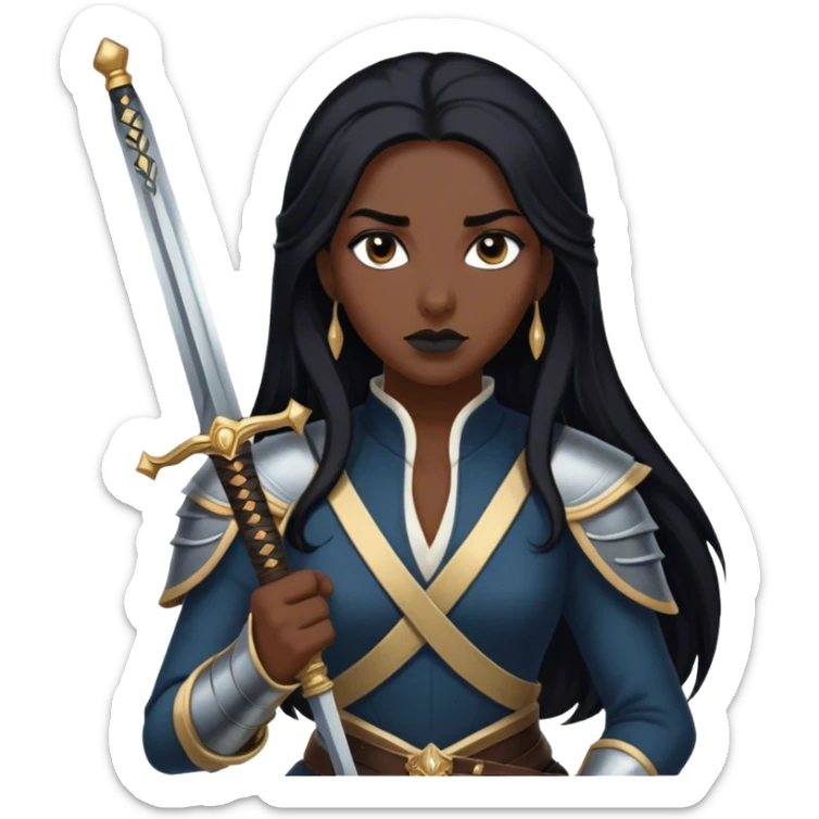 Cinematic Realistic Mulan Portrait, depicted with lifelike skin texture, soft natural lighting, and intricately detailed long black hair styled elegantly. Her deep, expressive eyes exude determination and grace, complemented by a serene yet confident expression. She stands with one hand resting on the hilt of her sword, the other by her side, exuding strength and poise. She is dressed in her classic attire, with rich fabric textures and delicate folds that catch the light beautifully. The portrait features a soft, enchanting glow with a natural, radiant finish, capturing the essence of timeless strength and beauty in a realistic and painterly style, evoking a sense of depth and authenticity. sticker