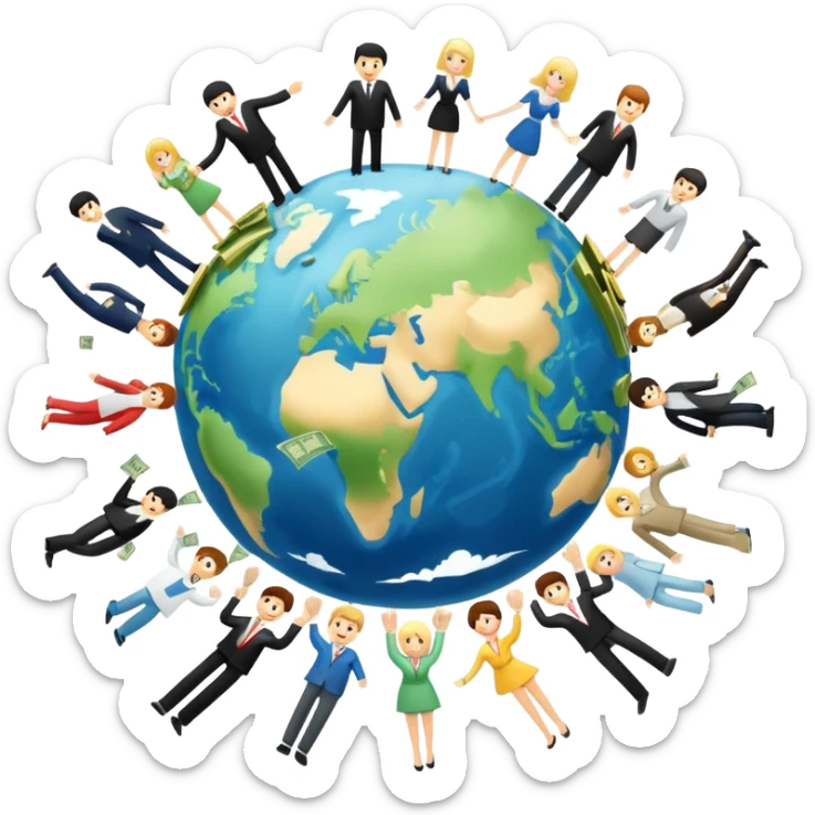 Money flying around the earth, surrounded by people who buy yachts and cars and mansions sticker