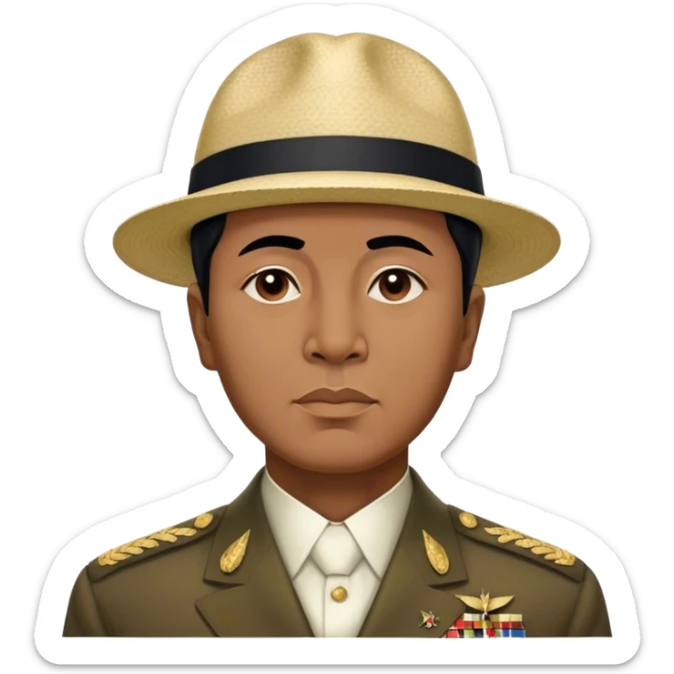 ​Cinematic Realistic Portrait of Sukarno, depicted in a lifelike, realistic style based on his iconic portrait, showcasing his thoughtful, charismatic expression in period attire, rendered with detailed textures and warm, evocative lighting that captures his pioneering spirit and national pride, sticker