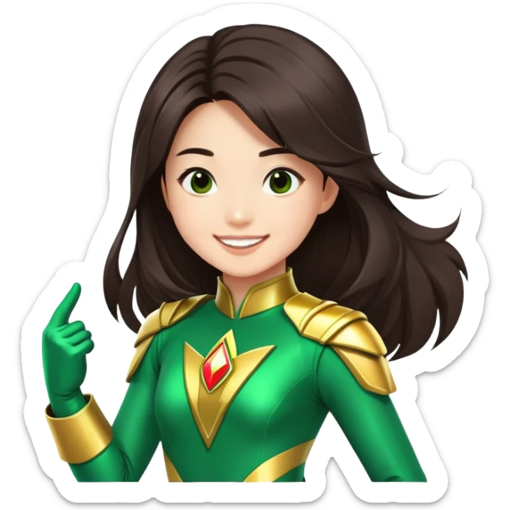 Green power ranger, Asian girl with fair skin and long dark brown hair, make her smile sticker