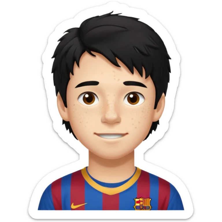 Un chico con pelo largo, desordenado y negro, tiene pecas, brackets, ojos cafés oscuros y con una camisa del Barcelona sticker