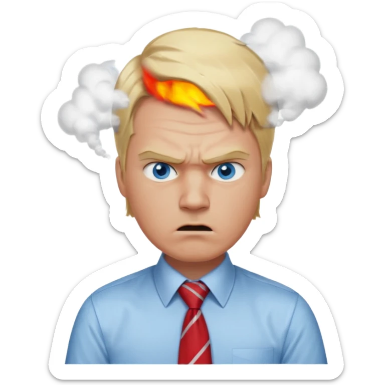 A guy with blonde hair and blue eyes that looks masculine. make him wear a shirt with a tie. he is danish. He is very angry with a red face and steam above his head sticker