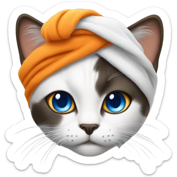 a cat face with a towel on her head like a turban and with blue eyes, and her fur is white, black, brown and a little bit of orange sticker