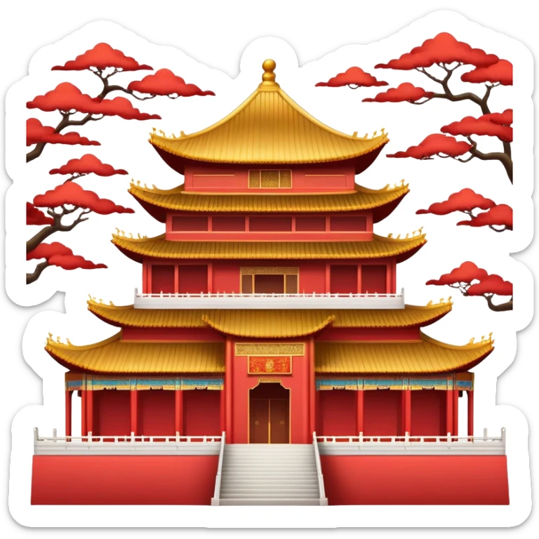 Imperial Chinese palace building with red walls, golden roof decorations sticker