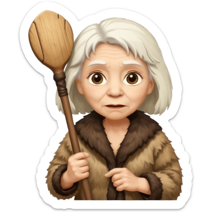 cute old woman Neanderthal with white hair, big eyes, and a club sticker