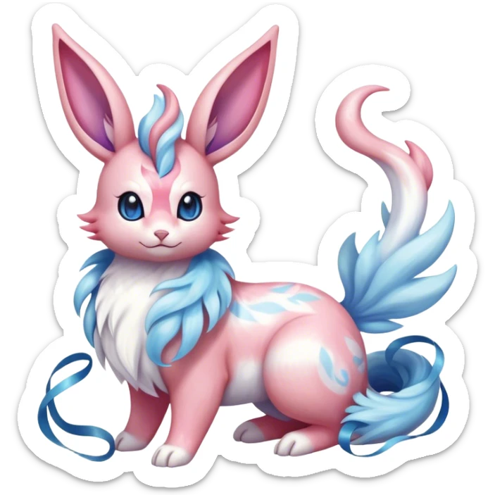 Feral Rare Fantasy cute realistic adorable pastel pink light-blue white iridescent Sylveon-Milotic-Minccino-Vernid-hybrid by LiLaiRa, markings, full body sticker