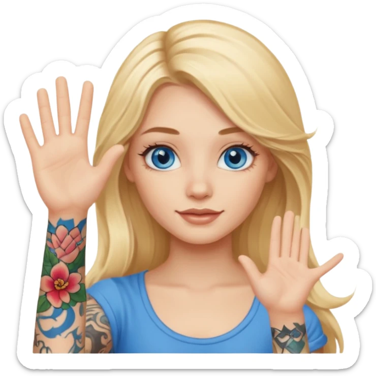 blonde girl with long hair blue eyes waving hello with tattoos sticker