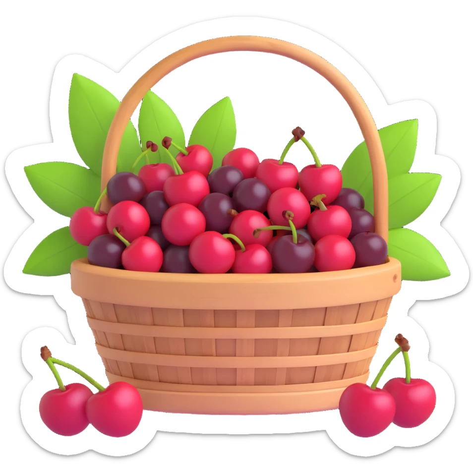 A basket of cherries in iOS 3D style, with a mix of red and dark red cherries, green leaves, and a wooden basket with a green band, in a detailed and realistic yet stylized 3D appearance sticker