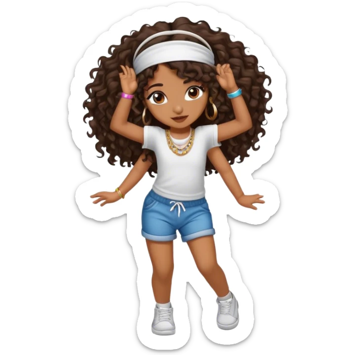 Dancing brown girl with long darn brown curly hair with headband hip hop sticker